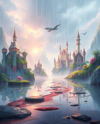 Discover a breathtaking, ethereal depiction of a vibrant kingdom adorned with floating islands and majestic castles. A soft,