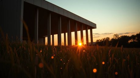 A stunning architectural color photograph captures a serene sunset over a quiet meadow, where fireflies begin to emerge.  The