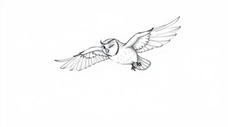 A captivating hand-drawn sketch in the style of Pixar depicts a blind owl, mid-flight and leaving ethereal feather trails, im