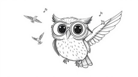 A heartwarming hand-drawn sketch in the style of Pixar, featuring a blind owl with large spectacles gently teaching birds how