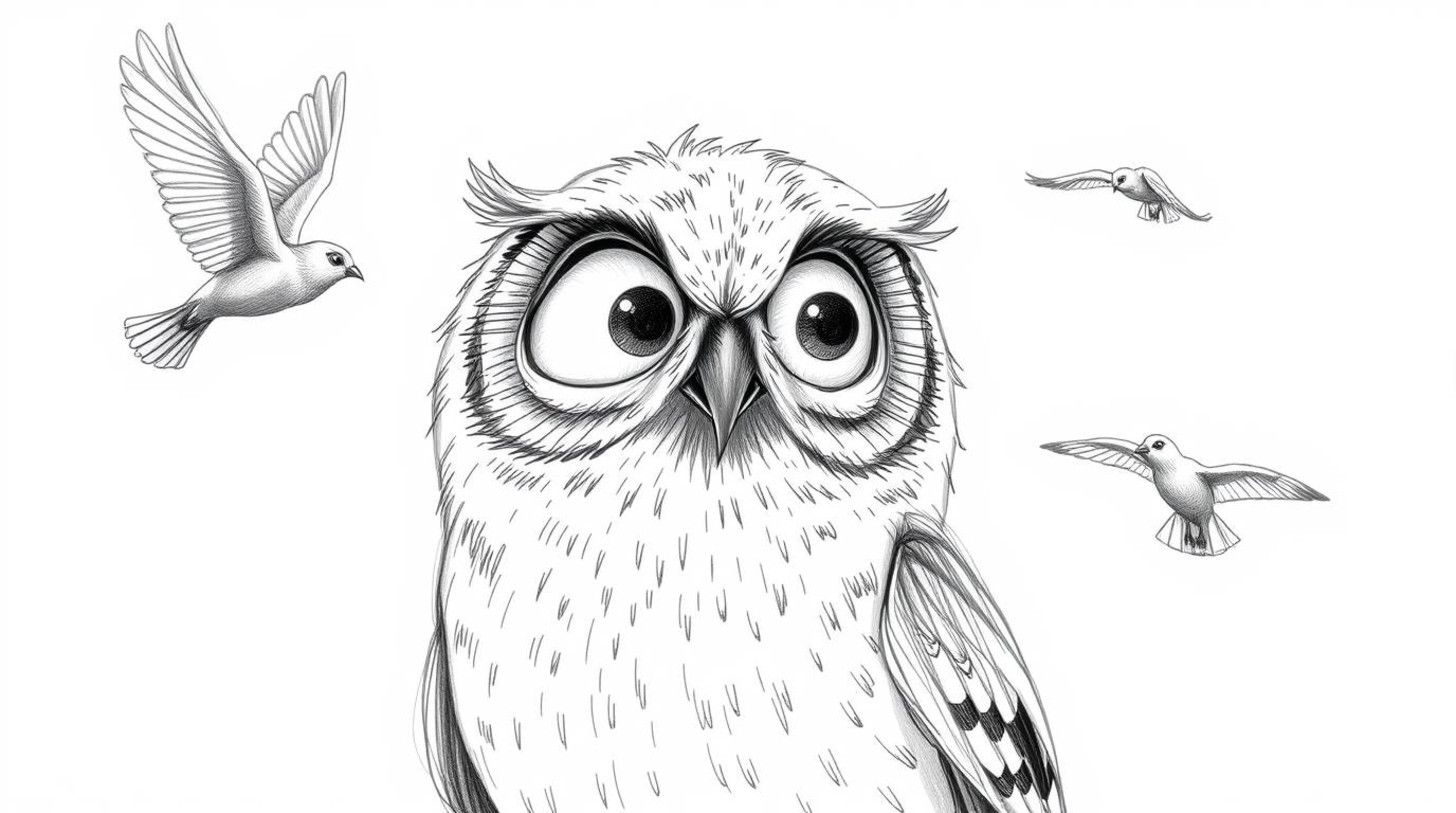 A textured pencil sketch depicts a blind owl, drawn in a Pixar style with large, expressive eyes, surprisingly guiding birds