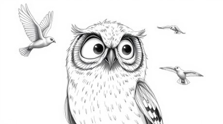 A textured pencil sketch depicts a blind owl, drawn in a Pixar style with large, expressive eyes, surprisingly guiding birds 