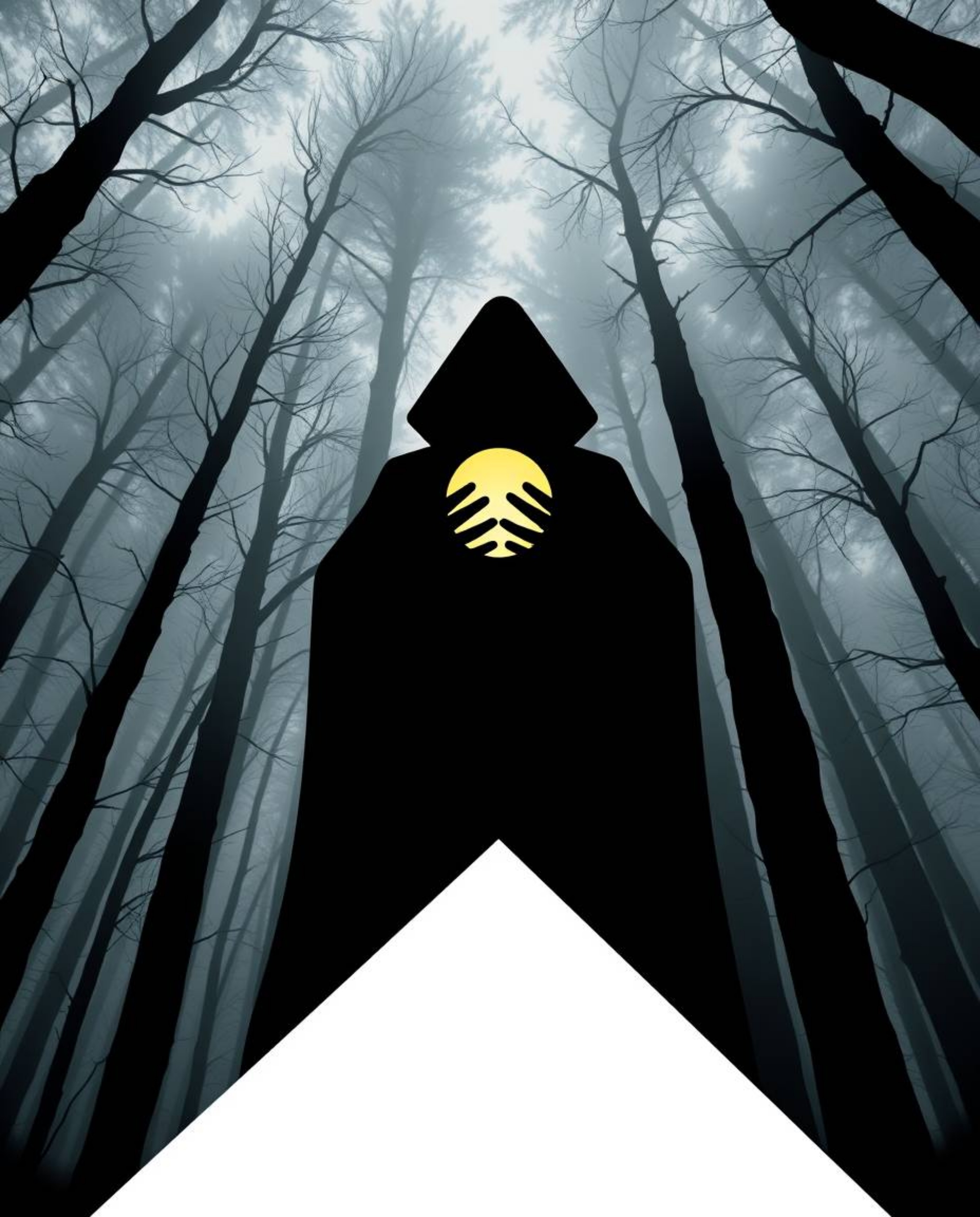 A dramatic low-angle perspective captures a cloaked figure holding a glowing orb in a misty forest, defined by geometric shap