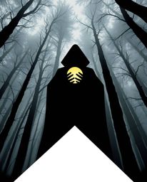 A dramatic low-angle perspective captures a cloaked figure holding a glowing orb in a misty forest, defined by geometric shap