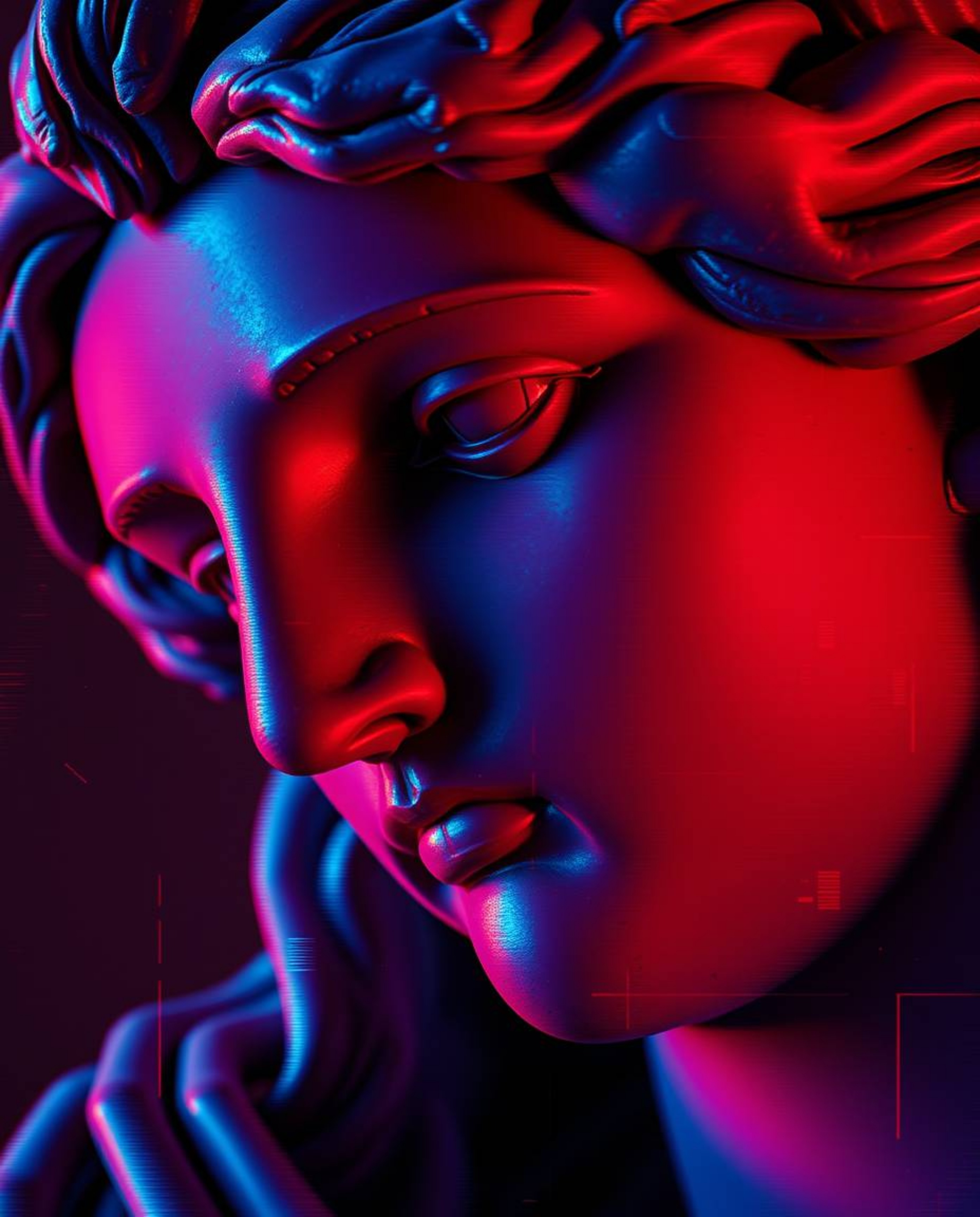 A captivating close-up showcases a classical sculpture imbued with a vibrant glitch effect.  Rich burgundy and deep blue hues