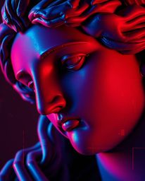 A captivating close-up showcases a classical sculpture imbued with a vibrant glitch effect.  Rich burgundy and deep blue hues