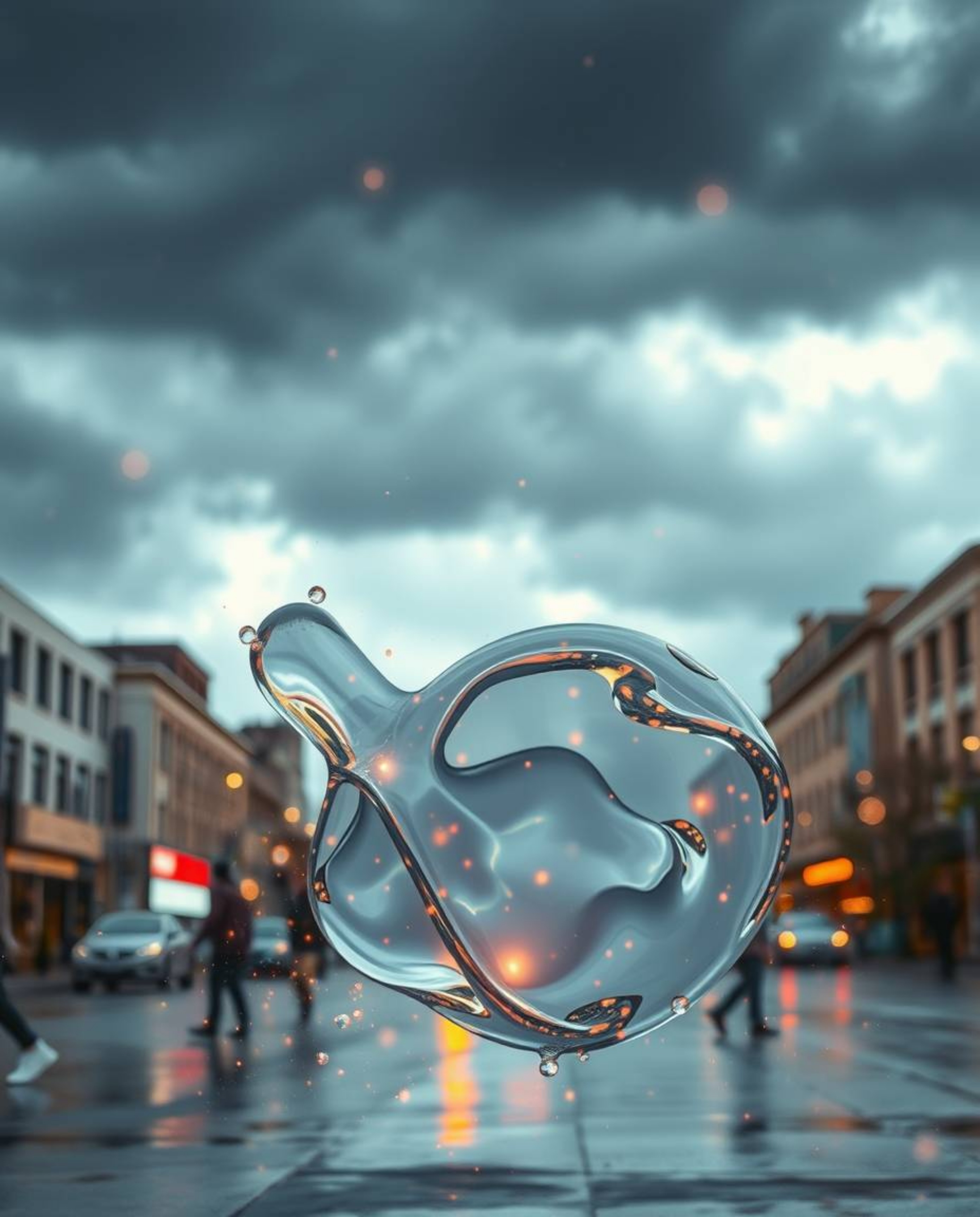 This captivating street photograph utilizes soft pastel colors to depict glassy, fluid 3D shapes in motion. The scene is punc