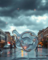 This captivating street photograph utilizes soft pastel colors to depict glassy, fluid 3D shapes in motion. The scene is punc