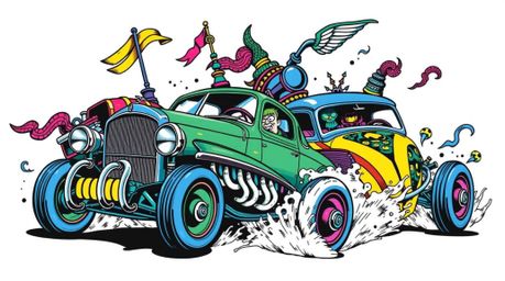 This art print features a symbolic traditional tattoo style, depicting a wacky racing scene with outlandish cars. The design 