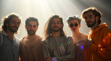 Discover a captivating image of a misfit heroes team, bathed in gentle, soft light with iridescent colors and reflections.  T