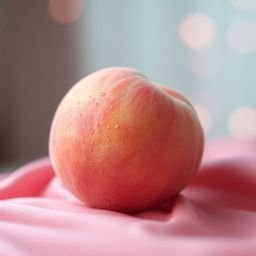 A captivating close-up ASMR image showcases a blushing pink peach resting delicately on pastel pink silk. The cinematic, fogg