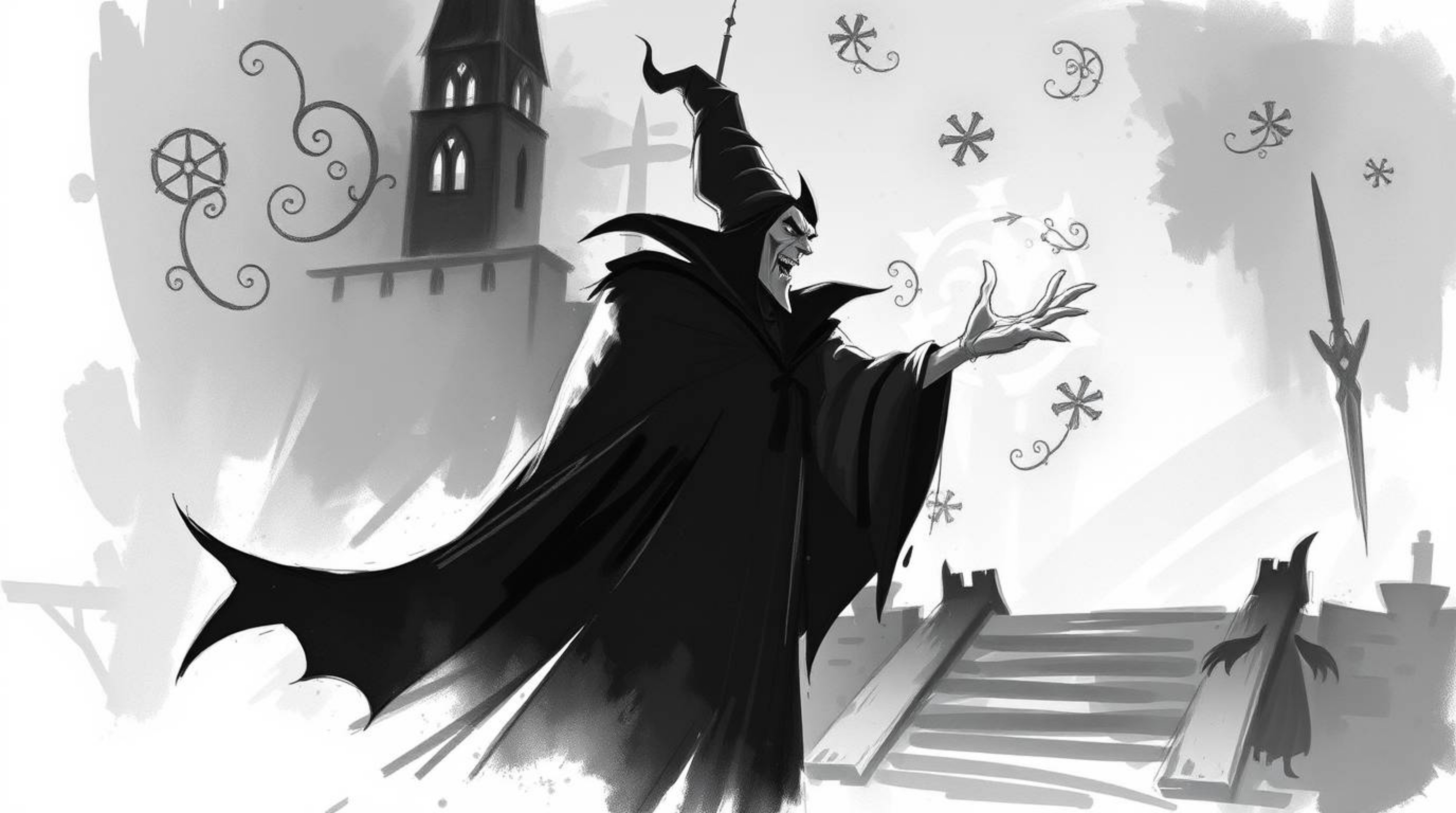 A captivating digital painting depicts a classic Disney villain casting a spell within an ancient castle. The artwork featur