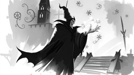 A captivating digital painting depicts a classic Disney villain casting a spell within an ancient castle.  The artwork featur