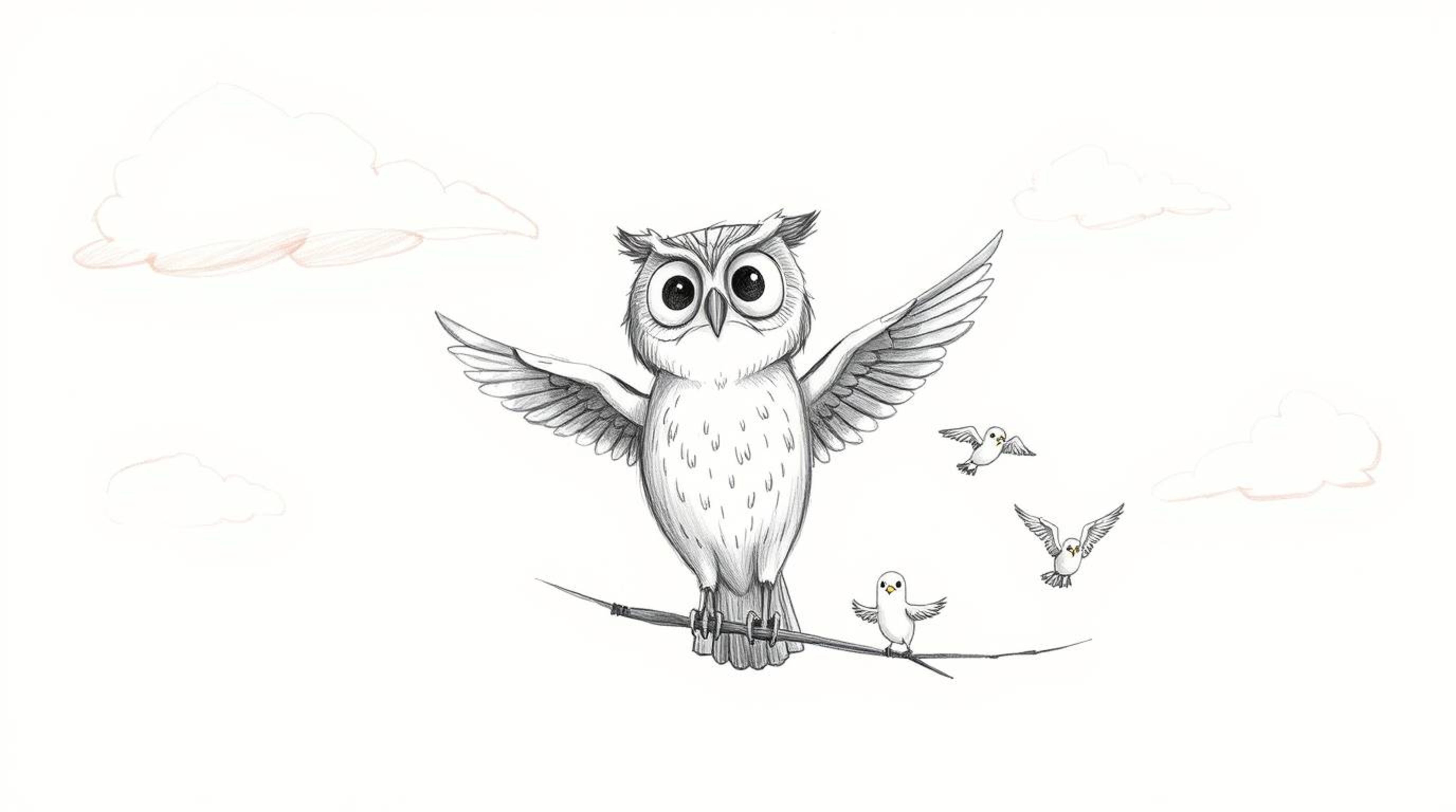 A heartwarming Pixar-style hand-drawn sketch depicts a kind-eyed, blind owl tenderly instructing a group of small birds in th