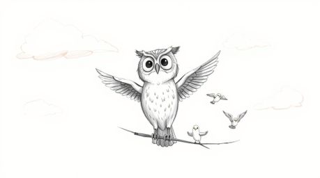 A heartwarming Pixar-style hand-drawn sketch depicts a kind-eyed, blind owl tenderly instructing a group of small birds in th