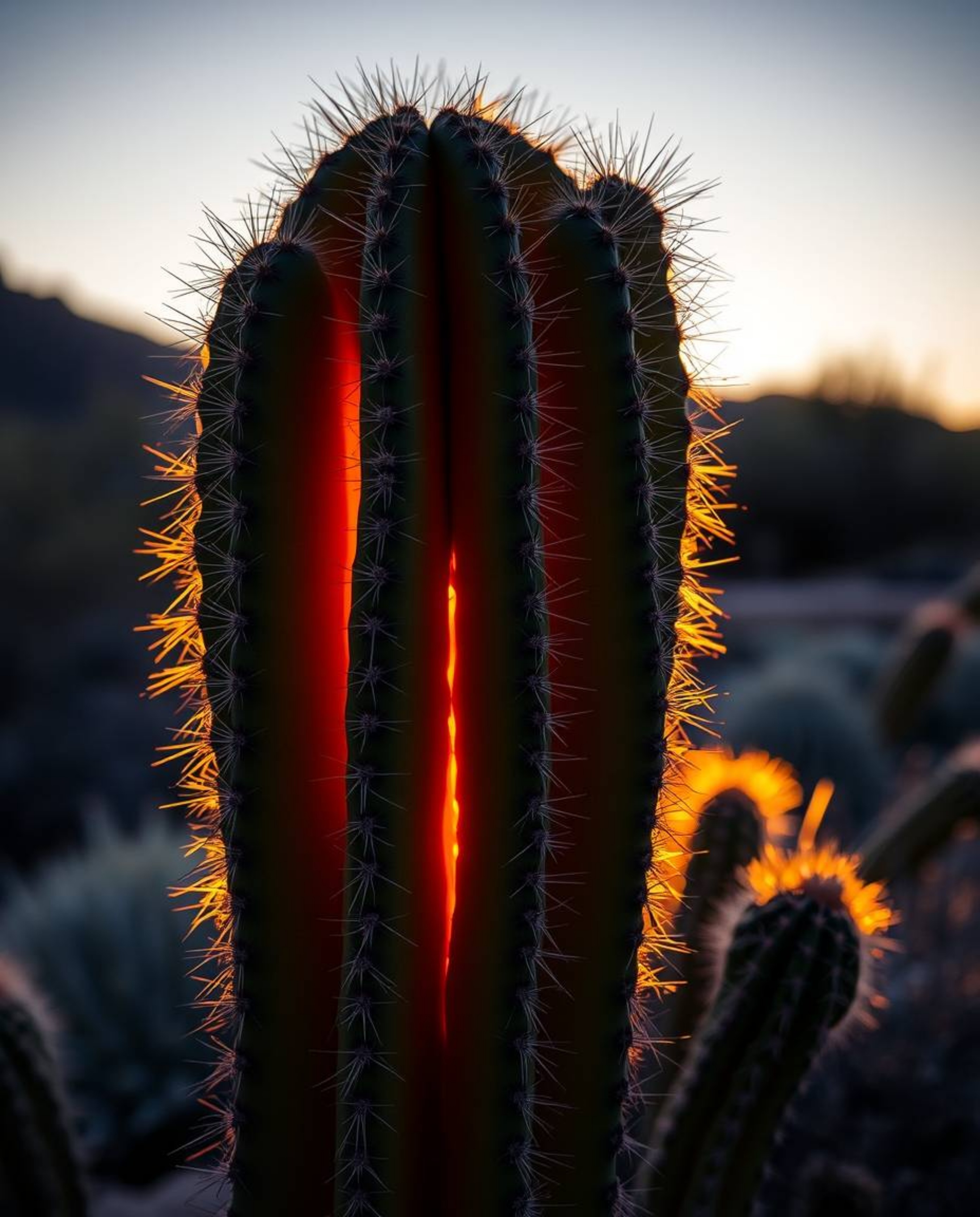 This is a precise architectural color photograph featuring a close-up shot of a desert cactus, captured glowing in the last r