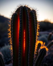 This is a precise architectural color photograph featuring a close-up shot of a desert cactus, captured glowing in the last r