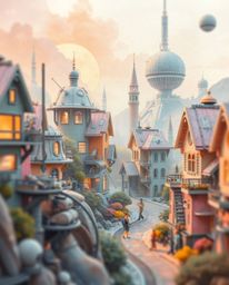 Discover a captivating blend of futuristic sci-fi and dreamy watercolor art. This piece showcases a sleepy town with pastel-c
