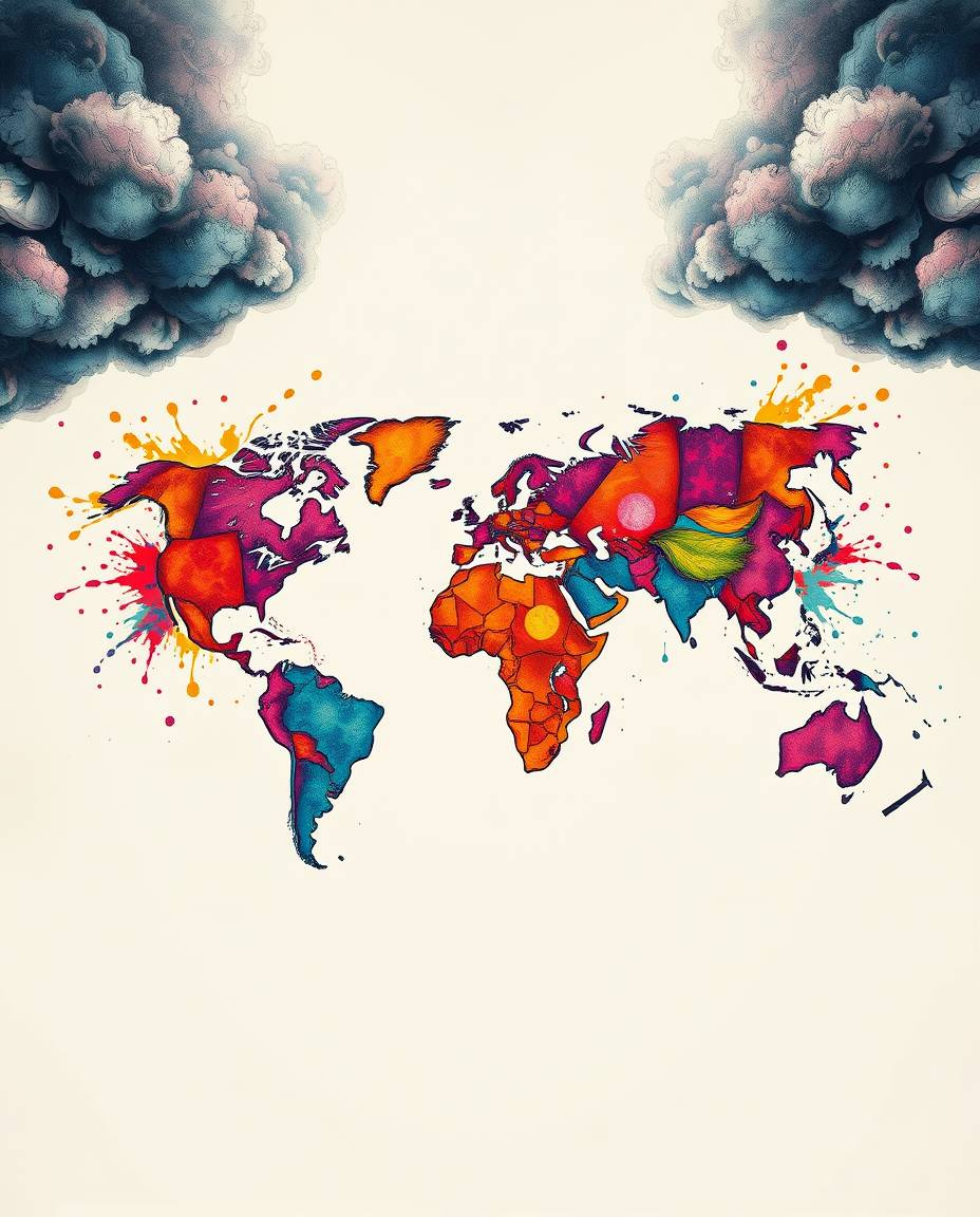 This vibrant traditional tattoo art print features a world map composed of bright, colorful splashes against a white backgrou