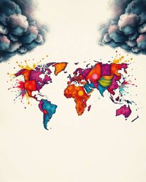 This vibrant traditional tattoo art print features a world map composed of bright, colorful splashes against a white backgrou