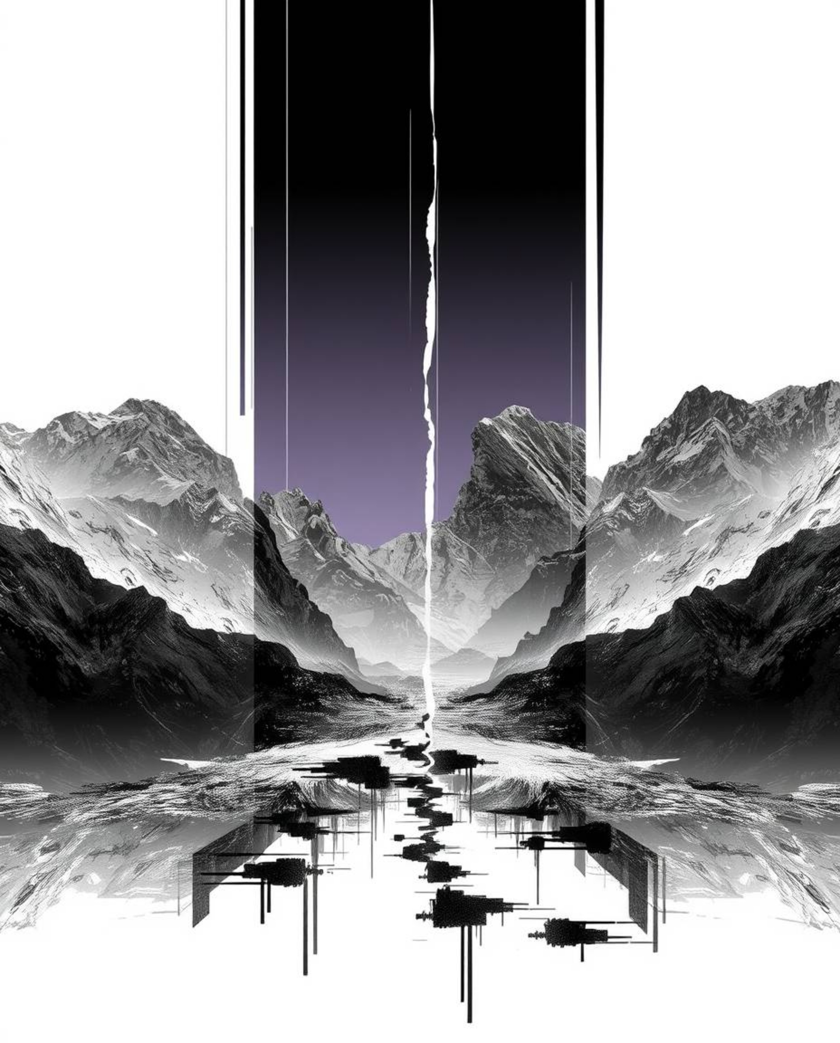 Experience a distinct digital landscape where a glitch effect dramatically splits the scene into divided sections. This artwo