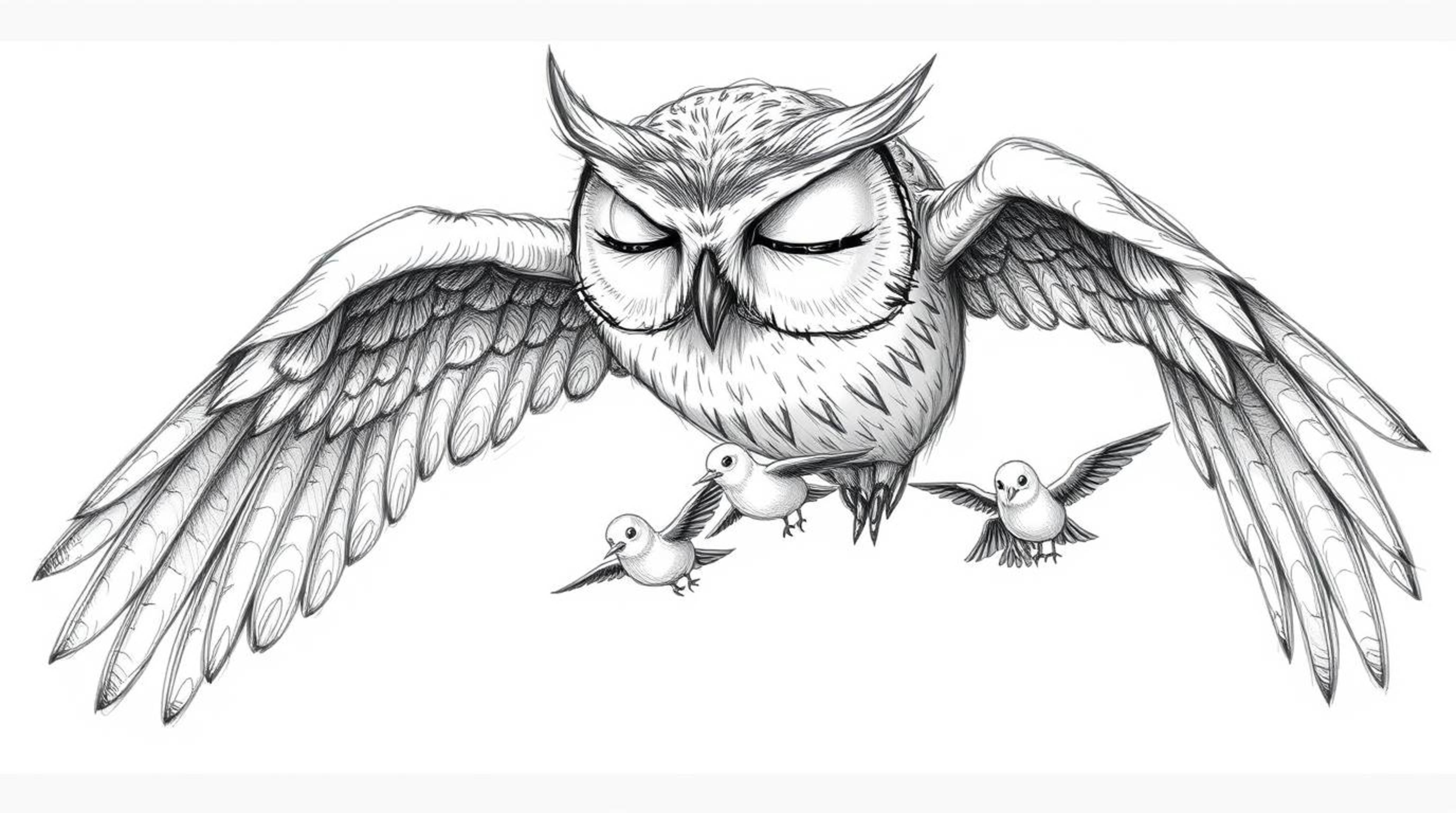A textured, hand-drawn sketch depicts a blind owl, its large eyes closed, calmly teaching tiny birds how to fly.  The style i