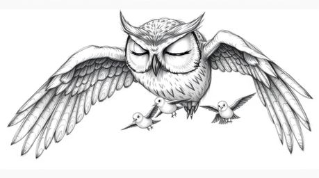 A textured, hand-drawn sketch depicts a blind owl, its large eyes closed, calmly teaching tiny birds how to fly.  The style i