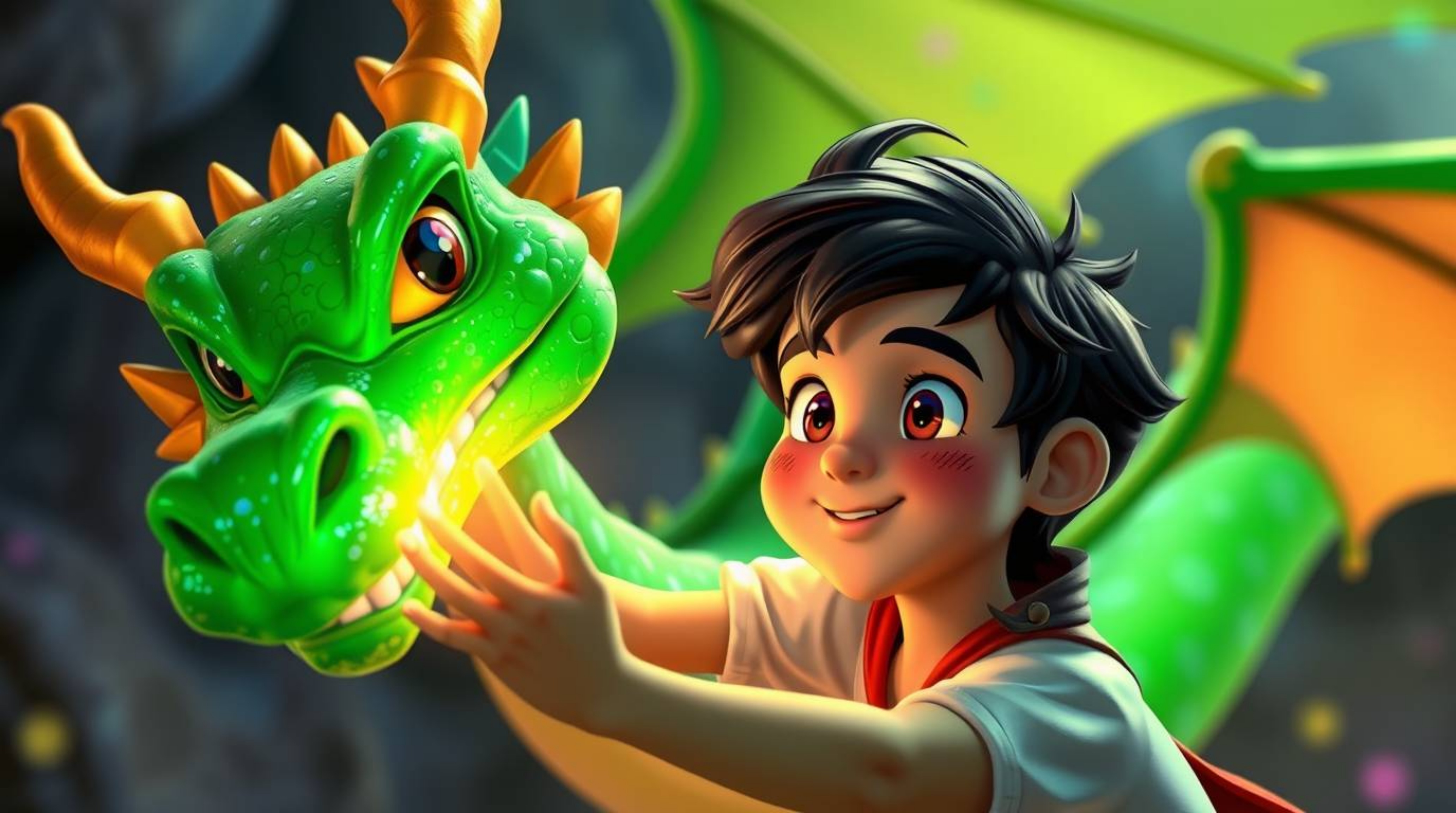 A charming prince with rosy cheeks and dark hair valiantly battles a vibrant green dragon in a captivating 1950s animation st