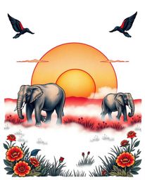 This is a traditional symbolic tattoo art print on a clean white background, featuring elephants walking across a sunset fiel