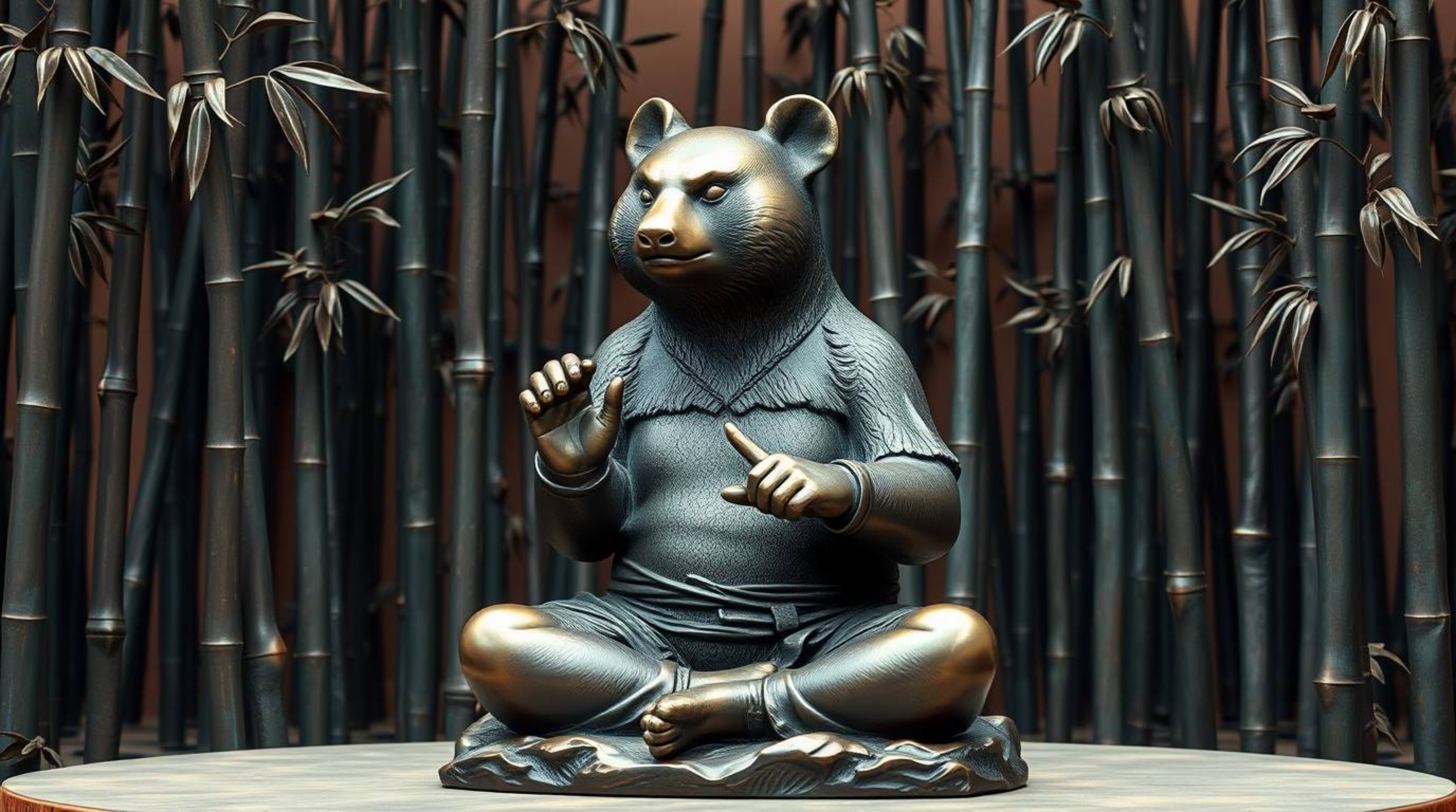 This sophisticated and elegant cast bronze sculpture depicts a martial artist panda deep in meditation amidst a rich burgundy