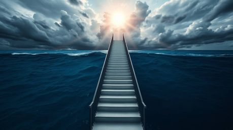 A captivating image featuring a graceful staircase rising from the ocean towards a stormy sky, illuminated by a divine sunbur