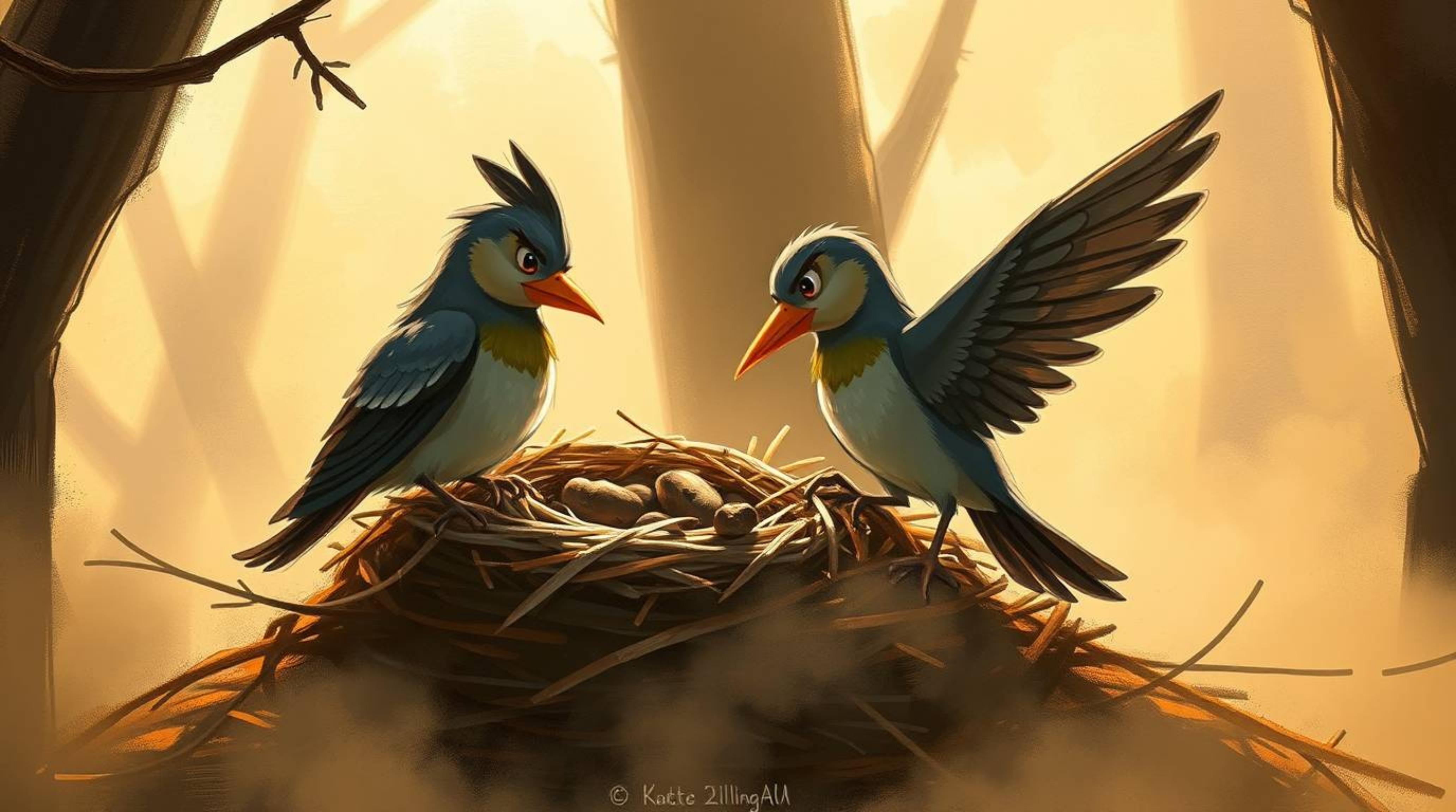 A captivating digital painting showcases two cartoon birds constructing a nest in a classic animation style.  The scene is ba