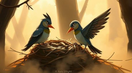 A captivating digital painting showcases two cartoon birds constructing a nest in a classic animation style. The scene is ba