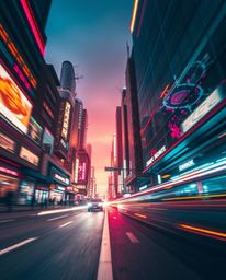 A mesmerizing low-angle, long-exposure photograph bathed in warm golden hour light captures a futuristic cyberpunk cityscape 