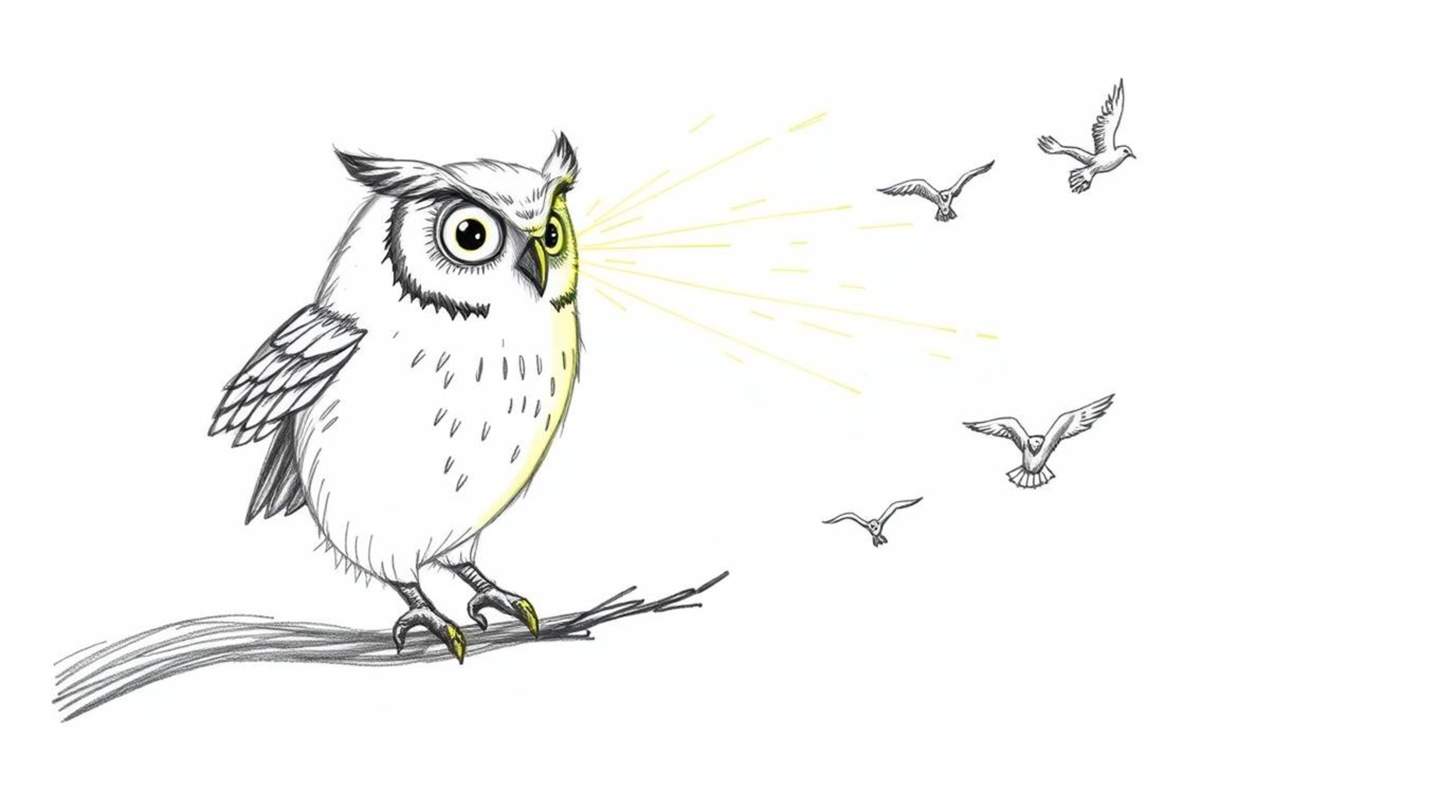 A hand-drawn sketch in Pixar style depicts a blind owl with glowing feathers illuminated by a sunbeam, compassionately teachi