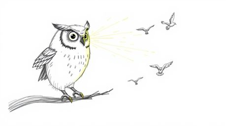 A hand-drawn sketch in Pixar style depicts a blind owl with glowing feathers illuminated by a sunbeam, compassionately teachi