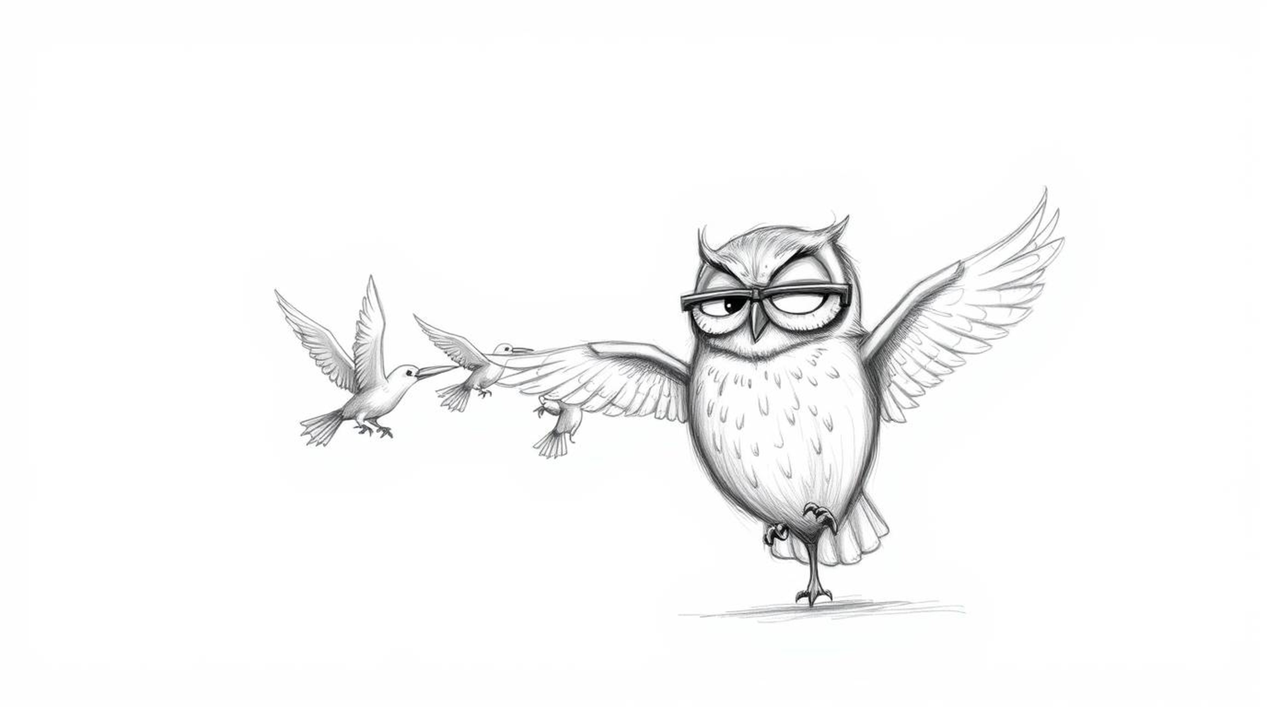 A heartwarming textured pencil sketch depicts a blind owl, reminiscent of Pixar's animation style, gently guiding a group of 