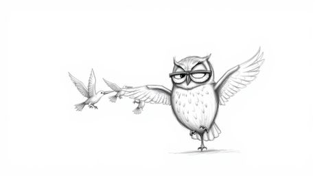 A heartwarming textured pencil sketch depicts a blind owl, reminiscent of Pixar's animation style, gently guiding a group of 