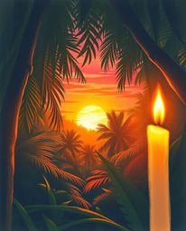 A soft pastel drawing of a sunset viewed through a dense jungle canopy. The scene is beautifully illuminated by the warm glow
