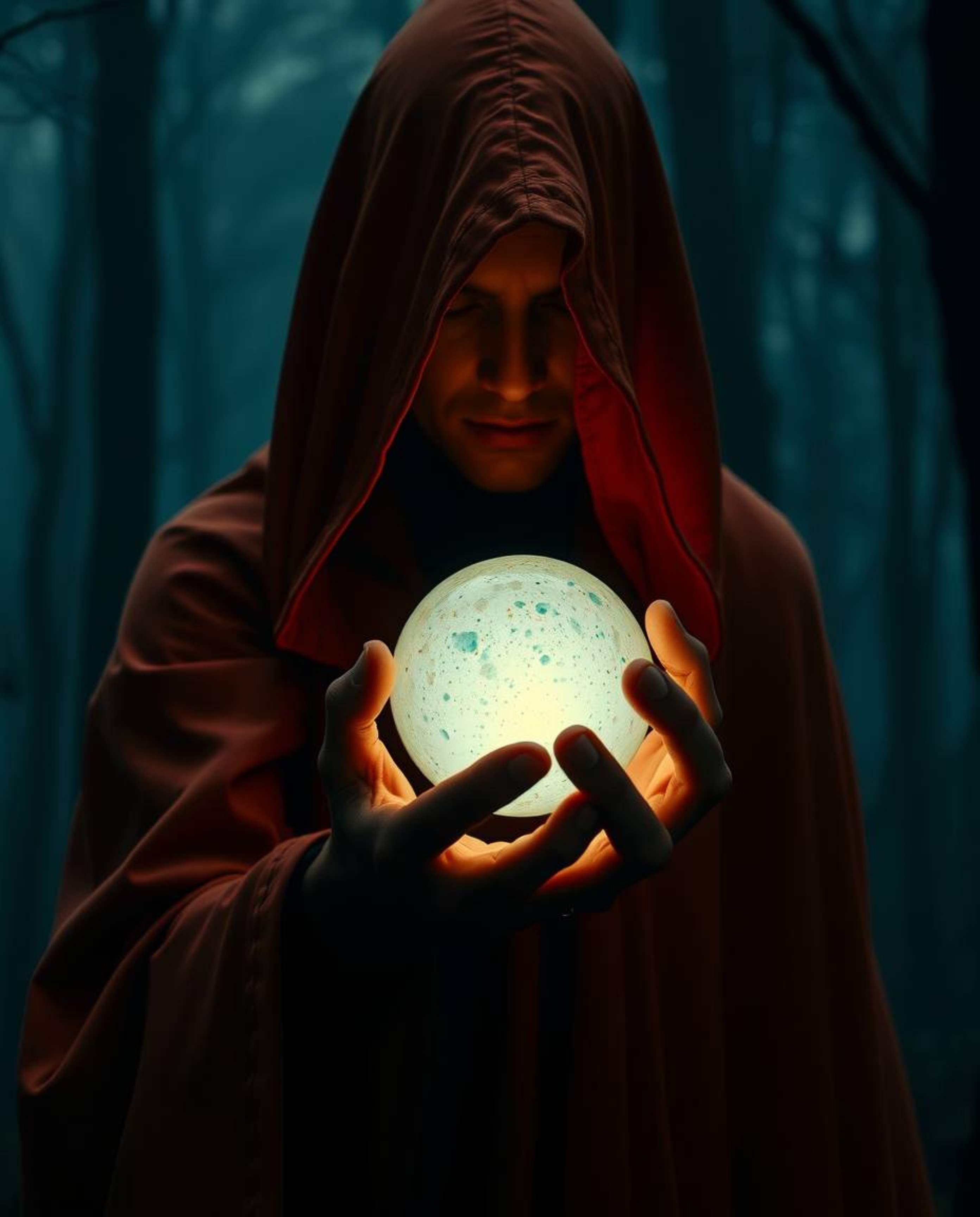 A captivating close-up image of a cloaked figure standing within a misty forest, holding a radiant glowing orb. The scene is 