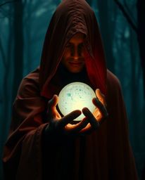 A captivating close-up image of a cloaked figure standing within a misty forest, holding a radiant glowing orb. The scene is 