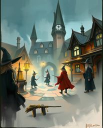 A vibrant digital sketch captures the enchanting atmosphere of a magical school teeming with young wizards. Utilizing a disti