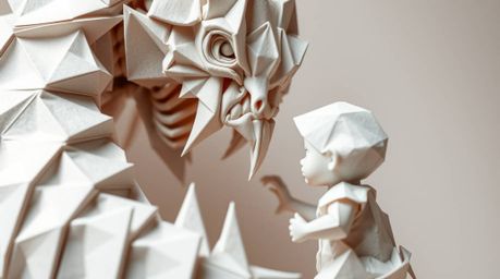 An extreme close-up showcases the intricate details of an origami-style paper monster and child forming an unlikely friendshi