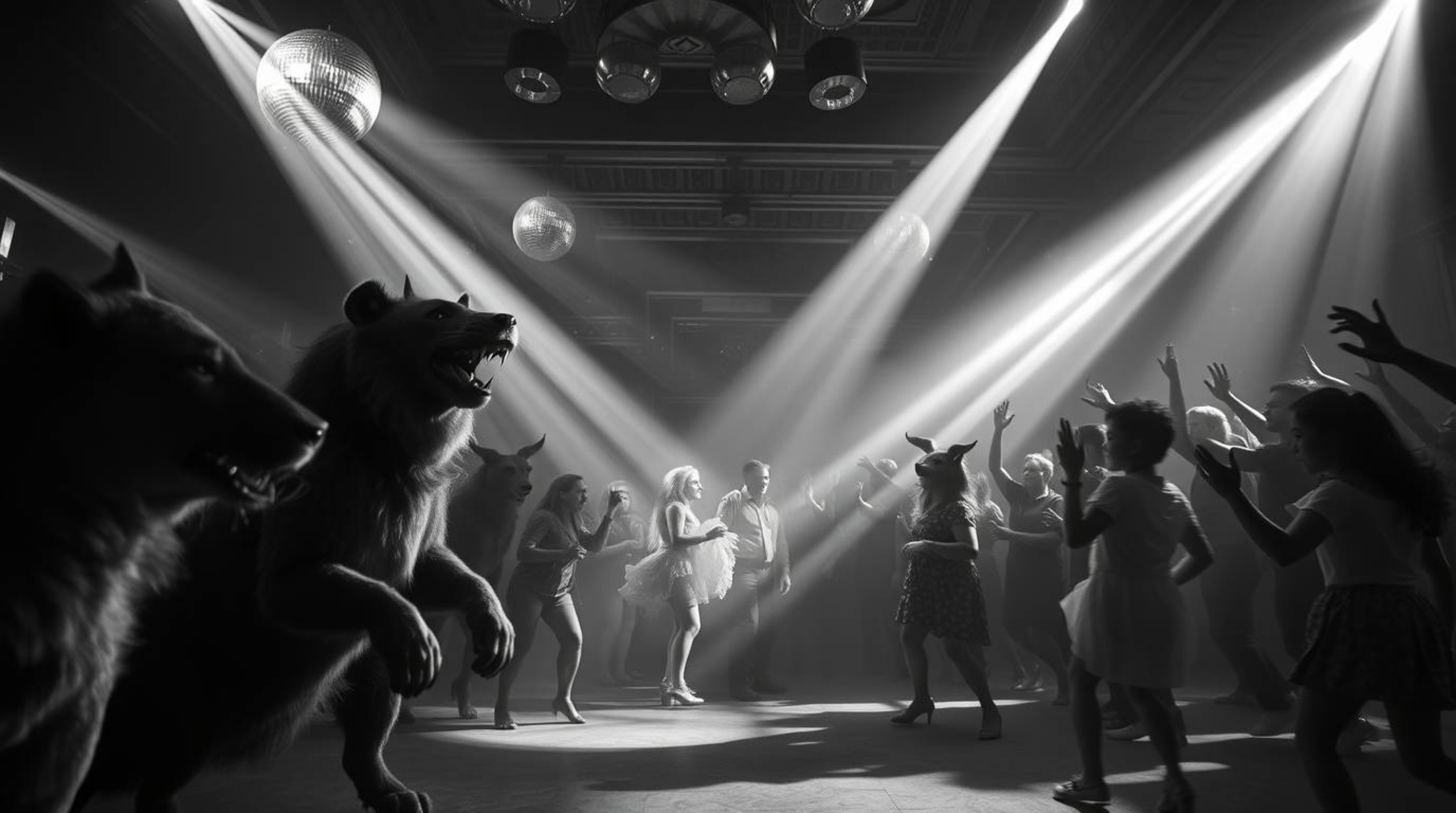 Experience a grand, epic scene in classic black and white, capturing an animal dance party bathed in disco lights. Rendered w