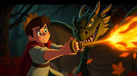 A charming prince, rendered in a captivating 1950s animation style, bravely confronts a fearsome dragon. Warm autumnal color