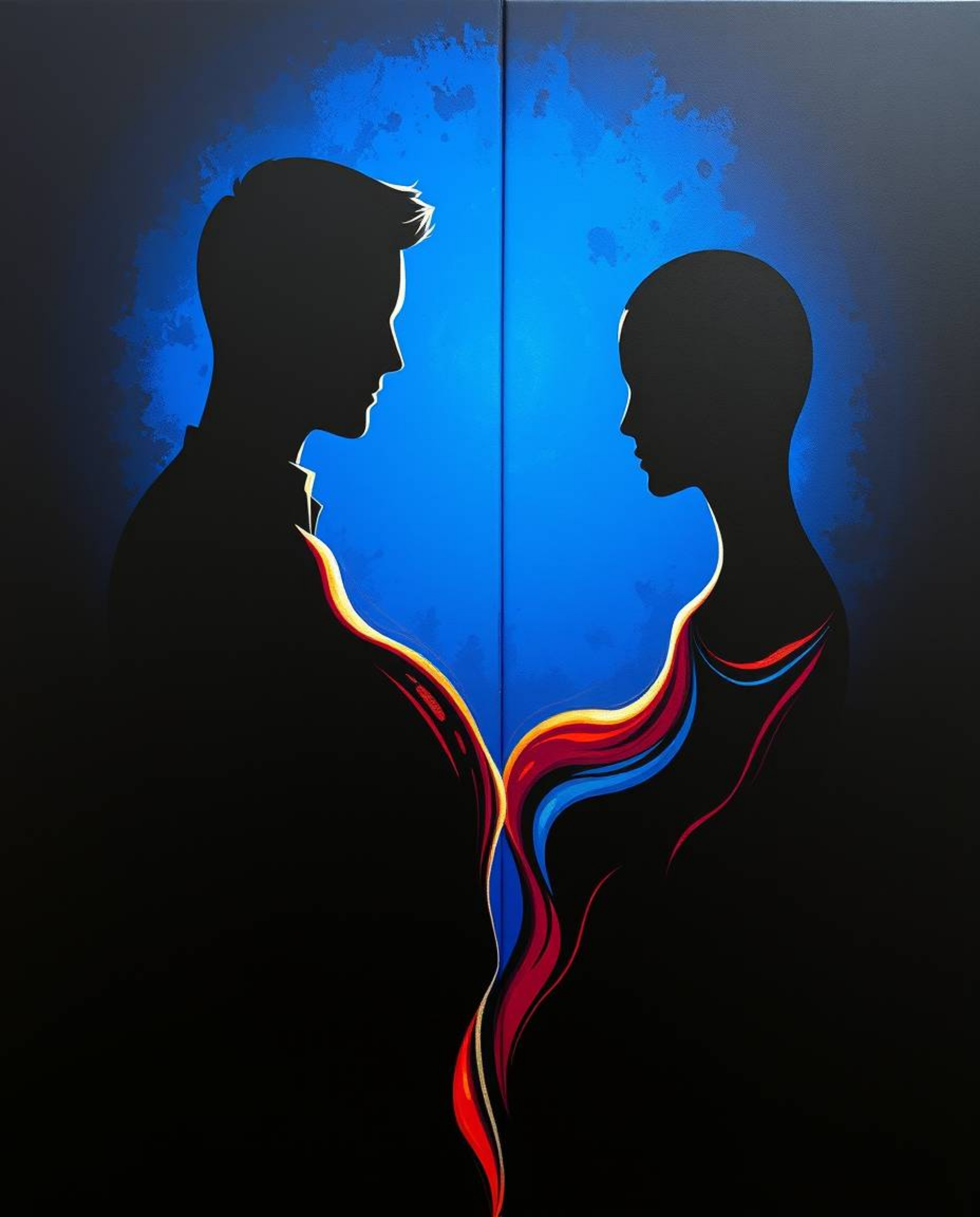 Explore the mesmerizing fusion of silhouetted backlighting and bold acrylic painting in this futuristic artwork. A distinct s
