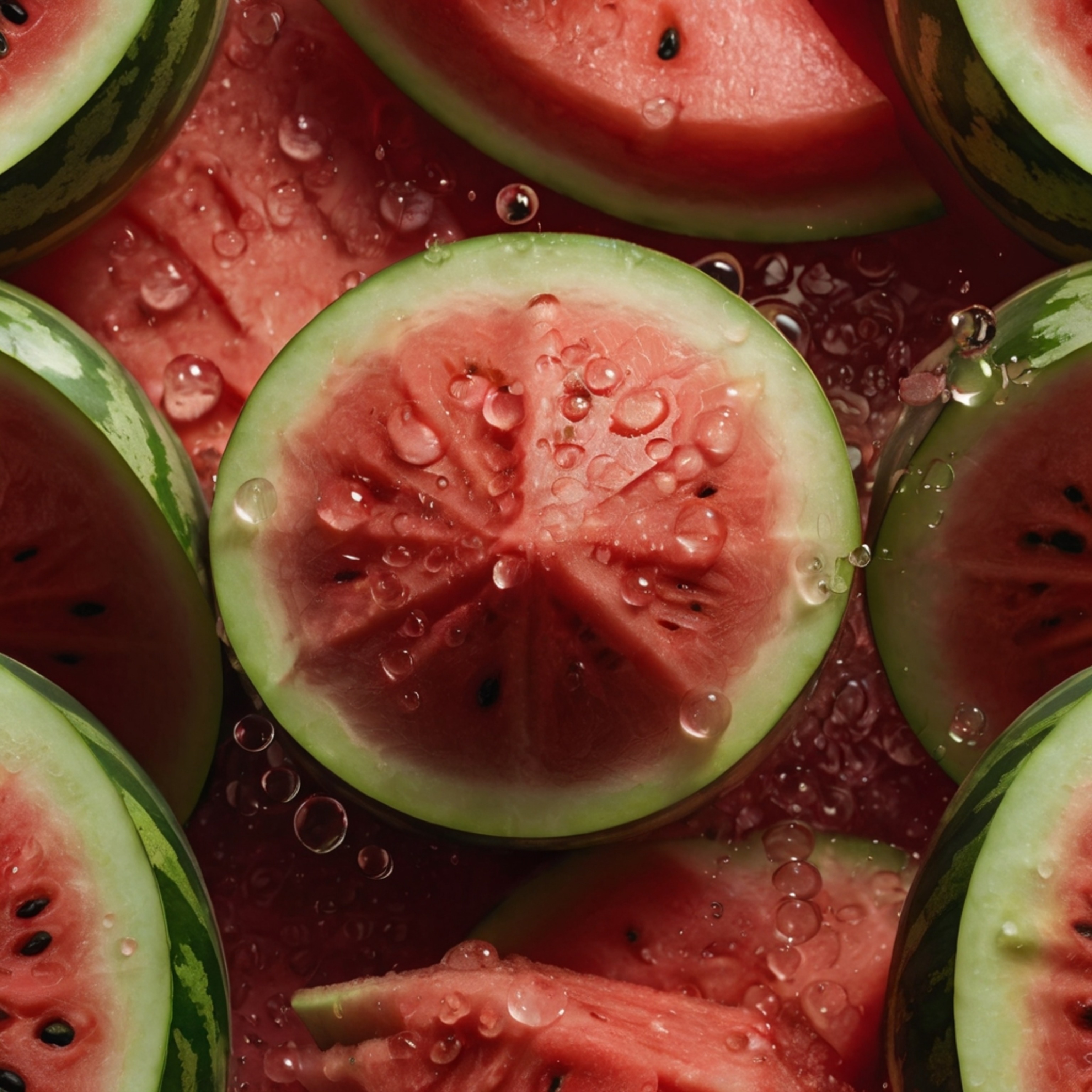 Indulge in the taste of summer with fresh watermelon slices, their surfaces glistening with refreshing droplets. A perfect, j