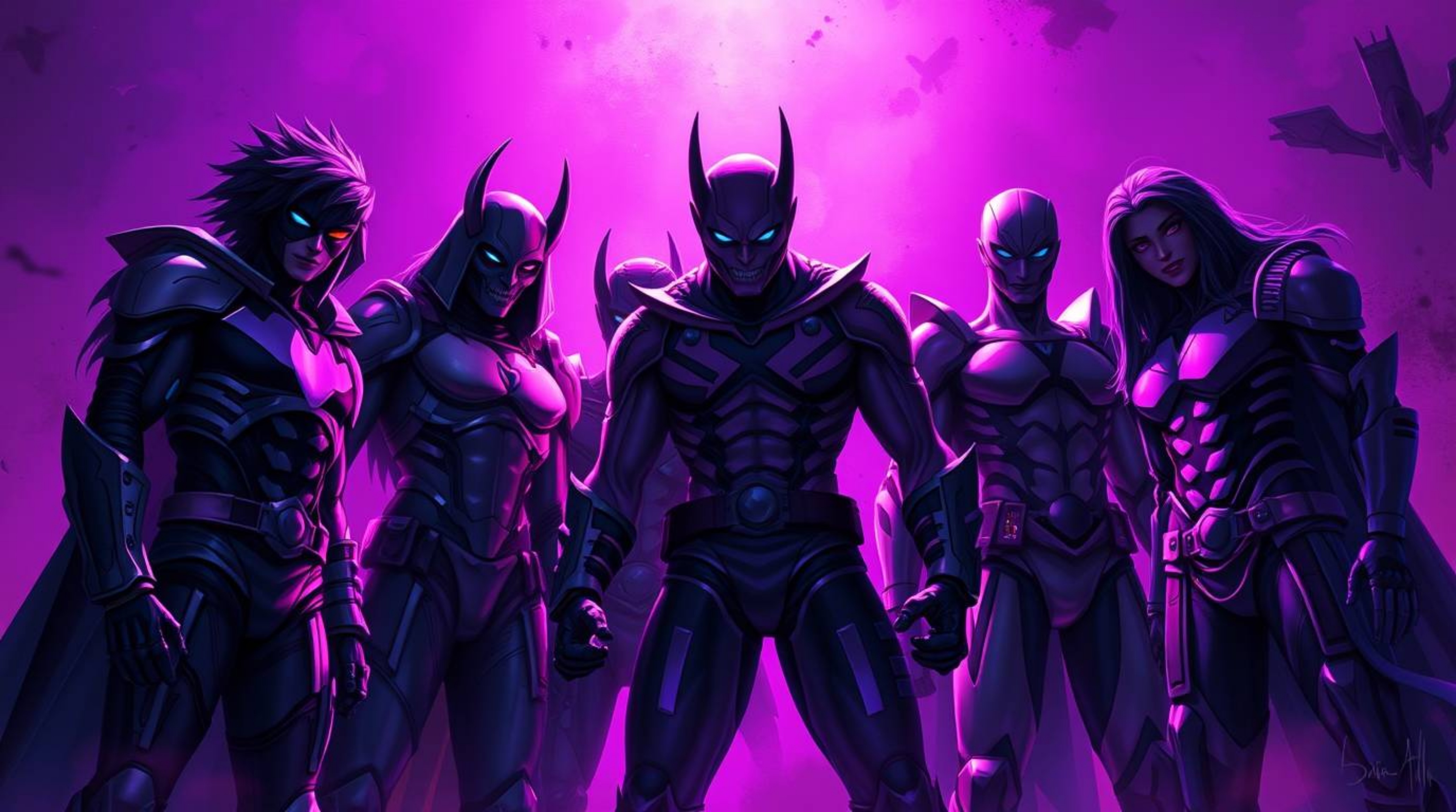 A captivating digital painting showcases a team of misfit heroes united.  Deep ultraviolet and vivid purple hues dominate the