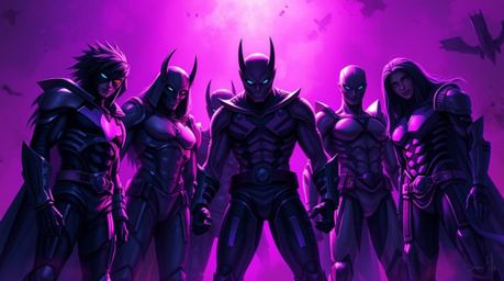 A captivating digital painting showcases a team of misfit heroes united.  Deep ultraviolet and vivid purple hues dominate the