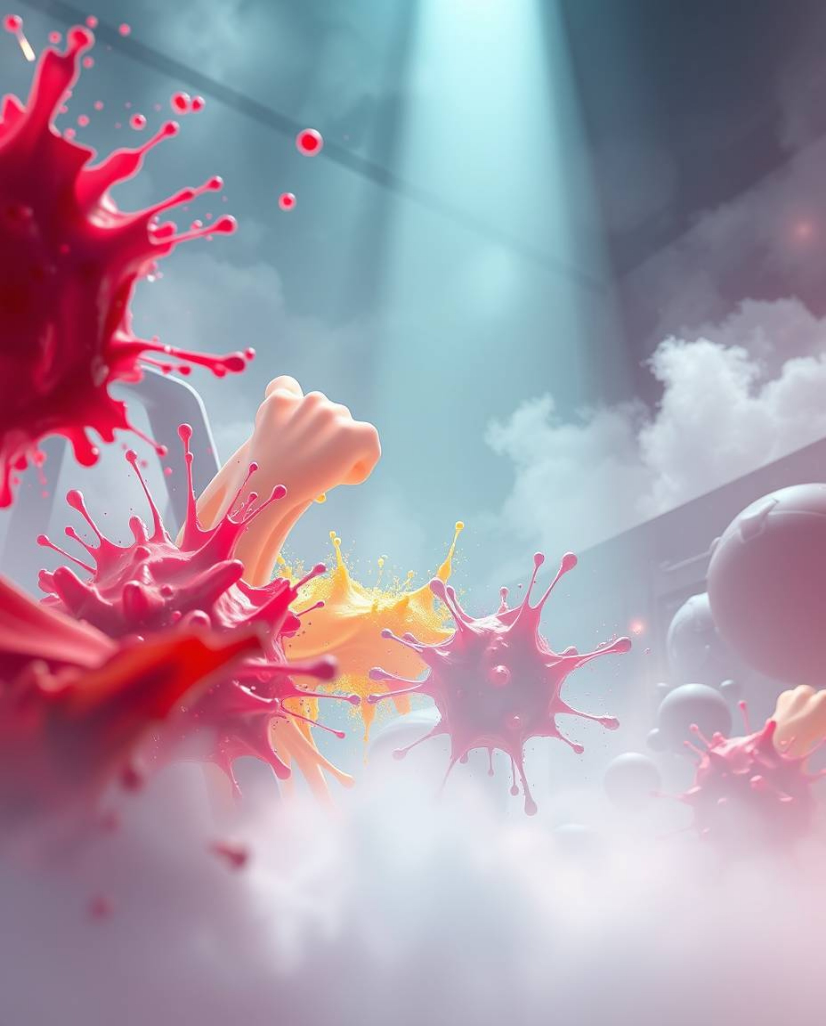 Experience a breathtaking journey into a surreal digital space featuring abstract 3D colorful splash shapes.  This modern, gr